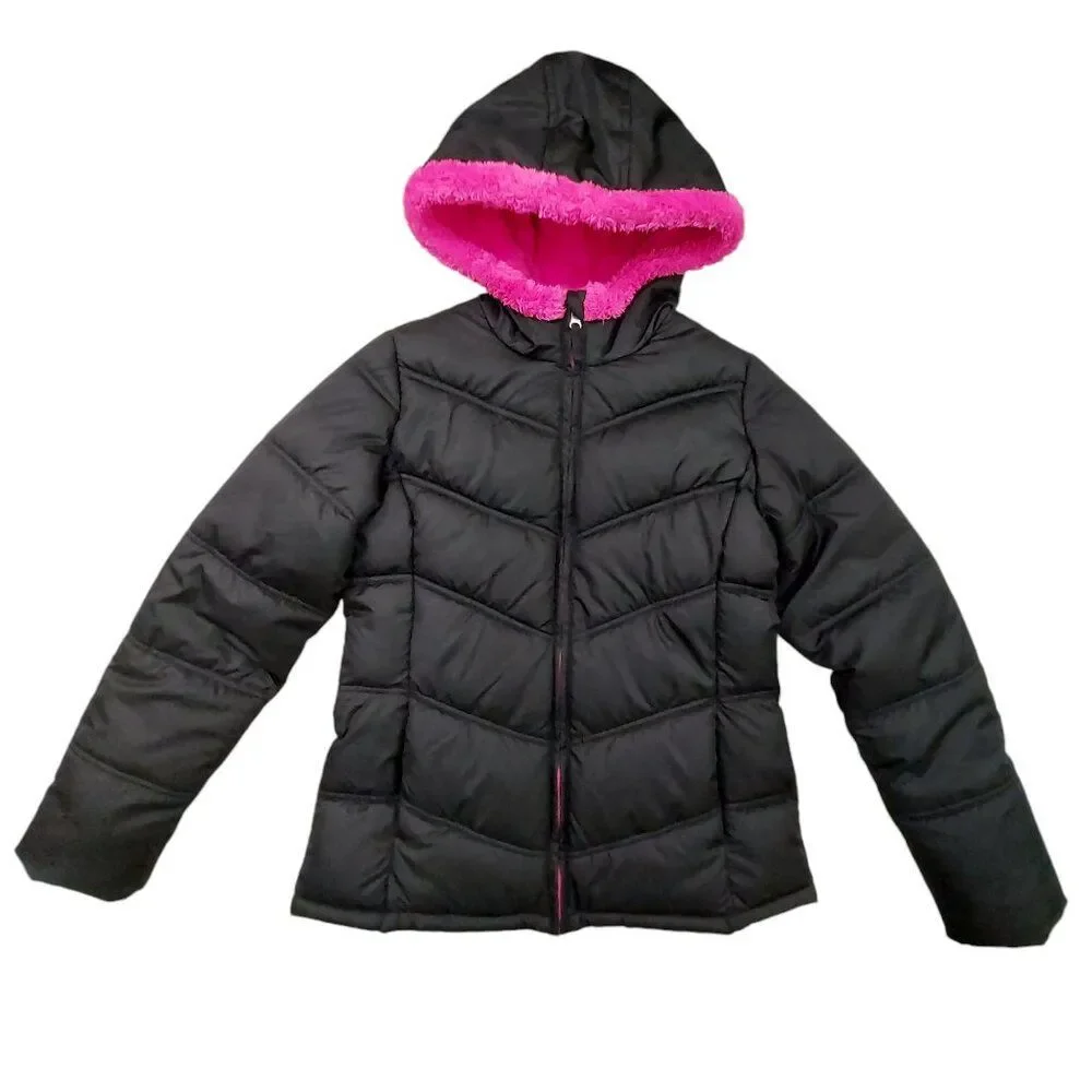 Faded Glory Puffer Jacket Youth XL 14/16 Black Pink Hooded Full Zip Fleece Warm